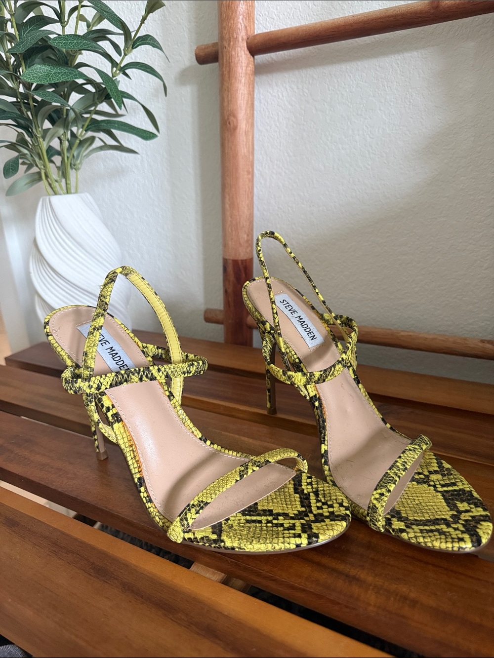 Steve Madden Yellow Snake-Print Strappy Stiletto Heels